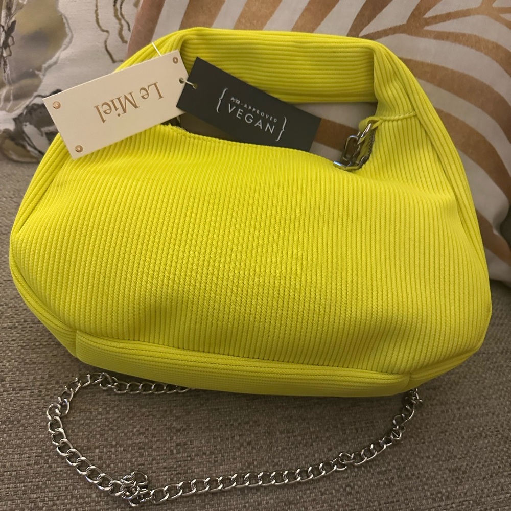 Le Miel  HOBO -‎  Neon Yellow Crossbody or Clutch  |  Chain Strap Vegan  NWT - Picture 10 of 11